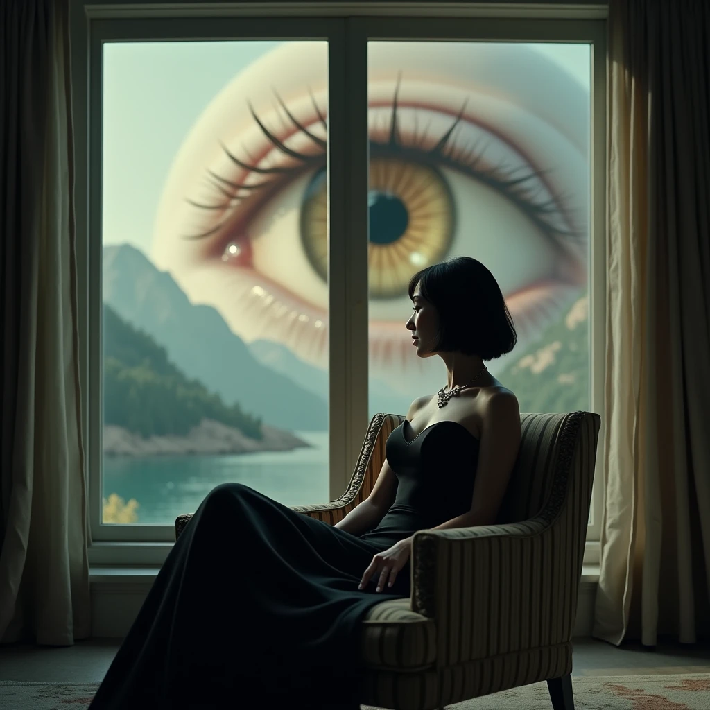 A cinematic medium-sized shot of a pretty, shapely girl sitting in an armchair. She has short, dark hair and wears a black evening gown. Behind her, a large eye looks out of a large, panoramic window. The eye has a pupil and is surrounded by a beige iris. The background reveals a peaceful landscape with mountains, trees, and a body of water.