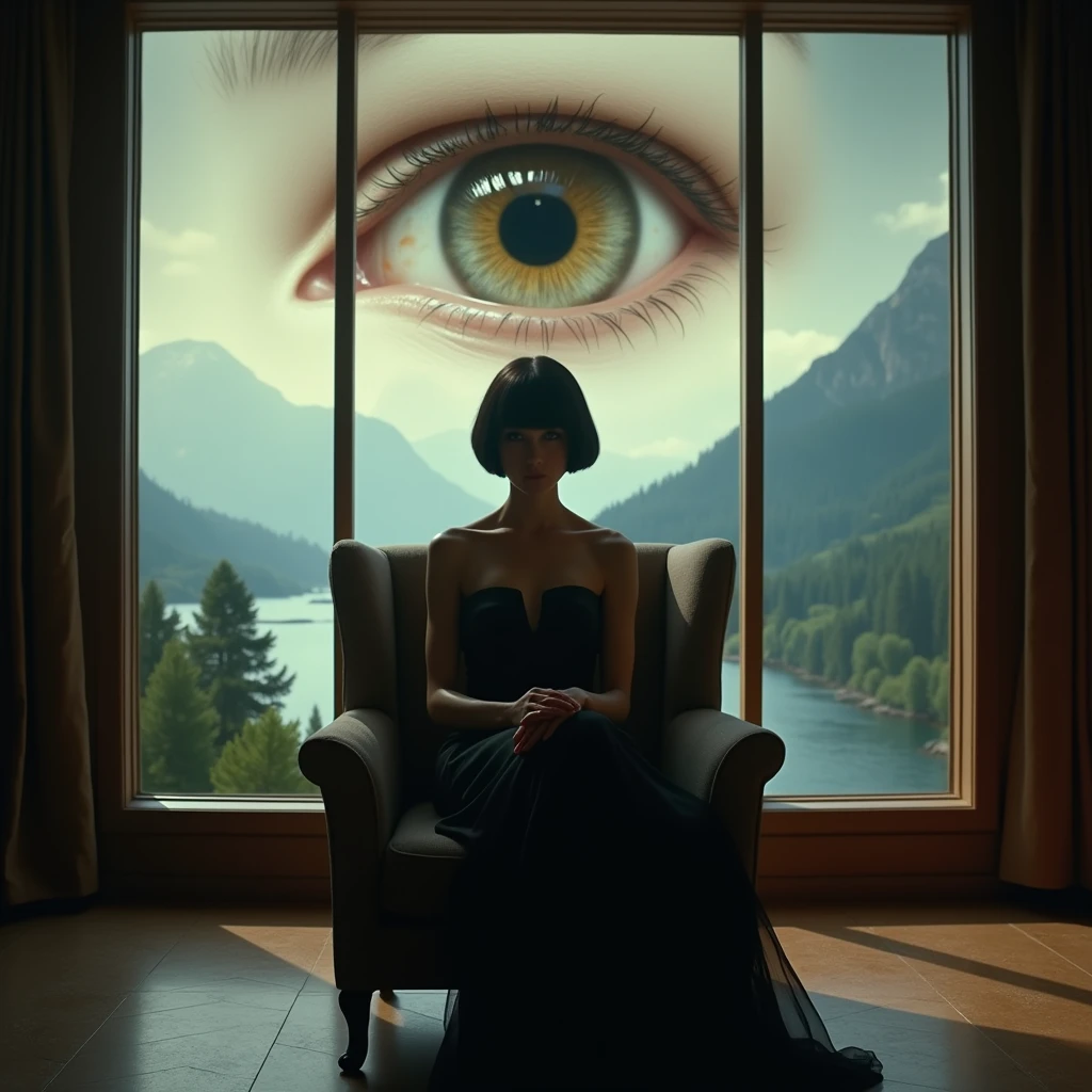 A cinematic medium-sized shot of a pretty, shapely girl sitting in an armchair. She has short, dark hair and wears a black evening gown. Behind her, a large eye looks out of a large, panoramic window. The eye has a pupil and is surrounded by a beige iris. The background reveals a peaceful landscape with mountains, trees, and a body of water.