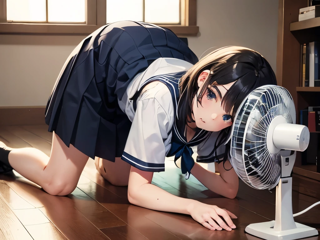 full body, from front, 1girl, top-down bottom-up, Cheeks on the floor, electric fan on back, sailor uniform, skirt, black hair, middle hair, hot, Sweat, wind, in Japanese-style room, masterpiece, high quality, best quality, beautiful, HD, perfect lighting, detailed face, detailed body, masterpiece, best quality, intricate details, 8k uHD, perfect face, perfect eyes