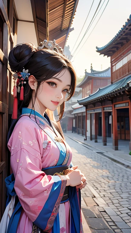 ( High resolution、 masterpiece、Highest quality、8k)、Tang Dynasty Buildings、Tang Dynasty China、Tang Dynasty China、(Young and beautiful woman、Beautiful Face、Beautiful Face、Pretty lips)、Pink and light colored Hanfu、(whole body)、Brown and black round bun hairstyle、Smiling Eyes、background、Tang Dynasty Buildings、Chang&#39;an city in the Tang Dynasty、Plum blossom、river view、Riverside city lights、Lantern Light、A complete portrayal、Detailed anime art、Detailed CG、