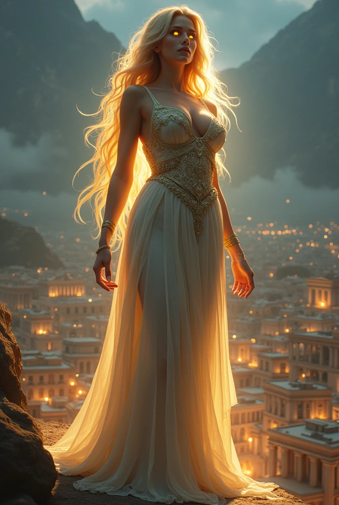 Create a giant woman, goddess, cleavage, thigh, elegant white golden gown, standing over greek city, diving powers, glowing eyes, night time