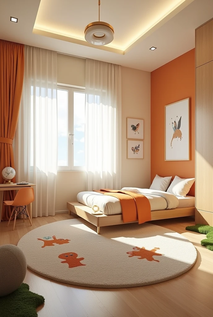Professional 3d architecture rendering design of modern and light moss and so light Thunder and light cream light orange and wooden Modern and minimal design for chid bedroom and light cream carpet with animals painting and white painting wall and light wooden closet with animals painting and modern ceiling lighting and modern curtains for chid room and the child large bed similar globe and safety chair for chid