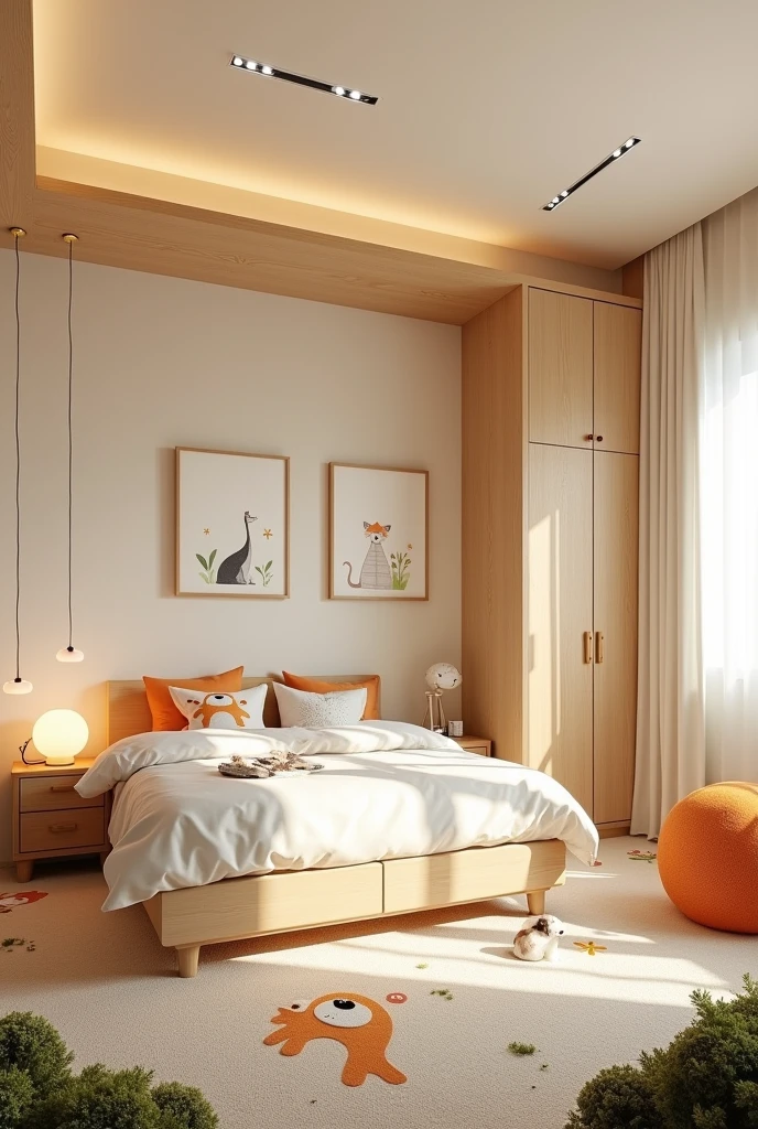 Professional 3d architecture rendering design of modern and light moss and so light Thunder and light cream light orange and wooden Modern and minimal design for chid bedroom and light cream carpet with animals painting and white painting wall and light wooden closet with animals painting and modern ceiling lighting and modern curtains for chid room and the child large bed similar globe and safety chair for chid