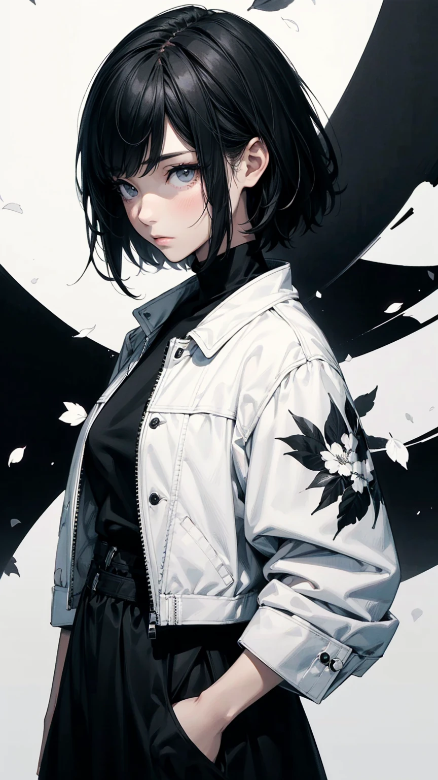 (Highest quality, Ultra-detailed, masterpiece, Beautiful images) Digital Art, Cartoon Art, 4K, anime, Young people, Medium Black Hair, Cold look, melancholic, Black and white outfit, Dark background landscape, Raise half of the body, Masculine