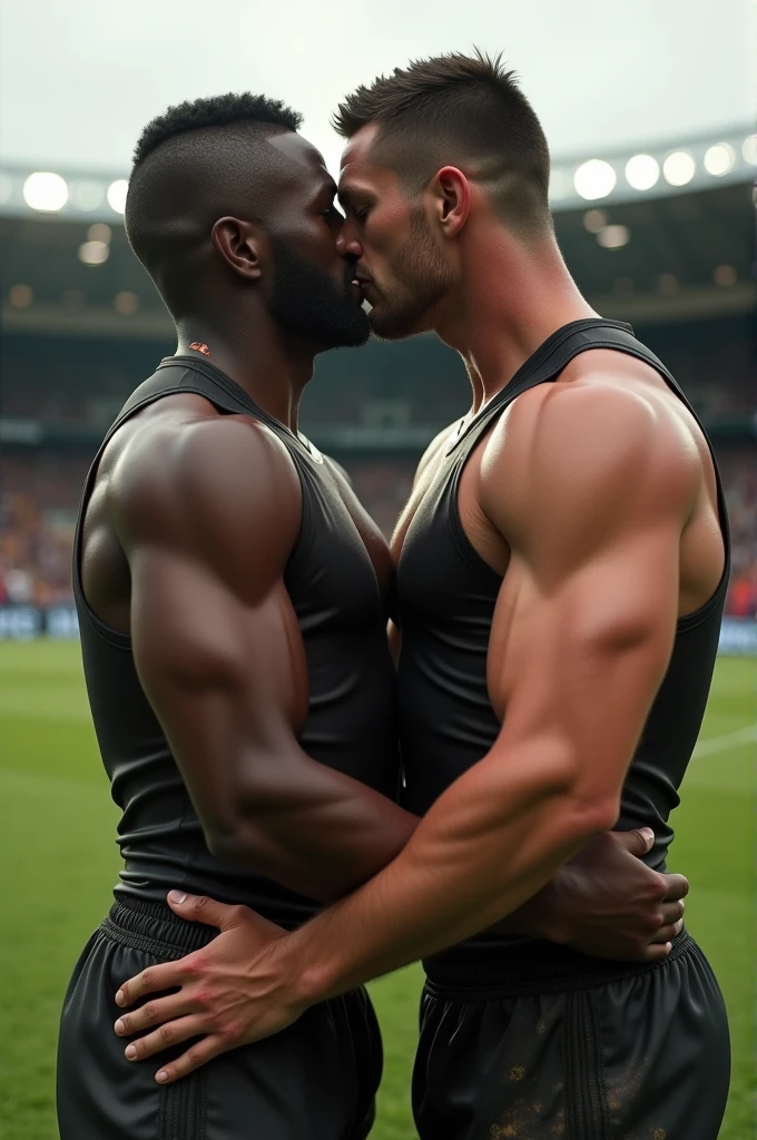 Asian young rugby player A and Asian rugby player B。A has a buzz cut and dark skin、muscular。Wearing sleeveless rugby uniforms。B has short hair and is a muscular jock。A and B kissed after a rugby match.、Touching each other&#39;s crotches first person view, 胸, ソニー FE, 