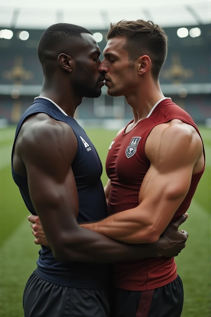 Asian young rugby player A and Asian rugby player B。A has a buzz cut and dark skin、muscular。Wearing sleeveless rugby uniforms。B has short hair and is a muscular jock。A and B kissed after a rugby match.、Touching each other's crotches first person view, 胸, ソニー FE,