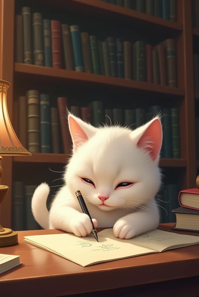 A beautiful white small cat learning writing secretly in library 