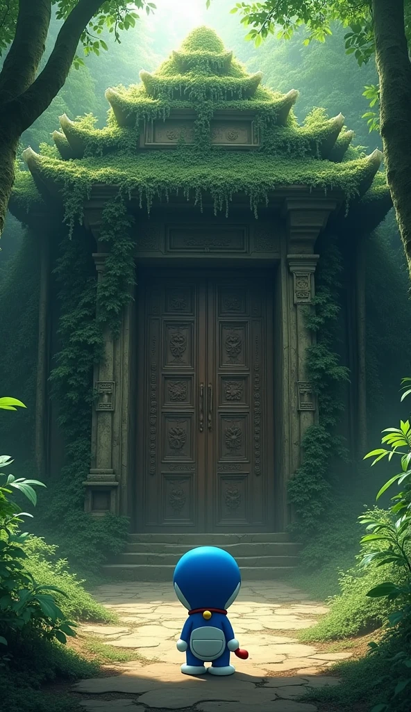 Doraemon stands in front of an ancient temple hidden deep in the forest., covered with vines and moss. Temple doors carved with ancient symbols, looks mysterious and challenging. The faint light from outside shone into the temple., create a mysterious space.