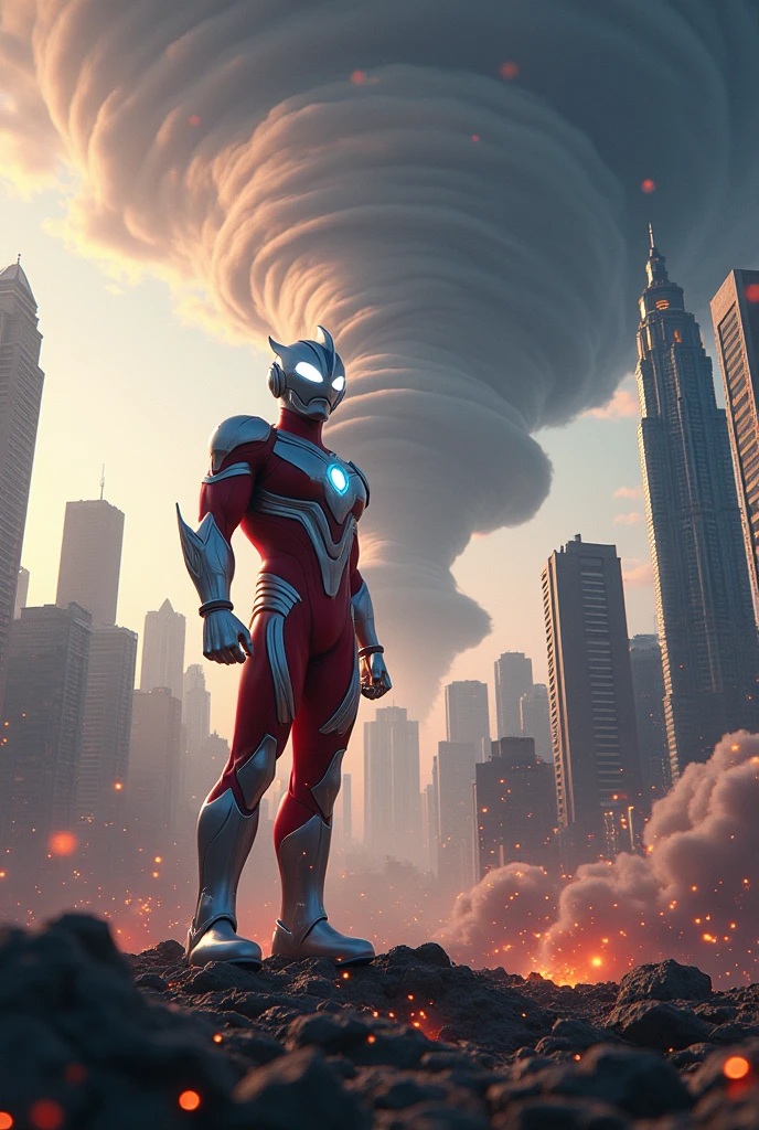 kuala lumpur with new york building , tornado as background , ultraman fighting with thanos