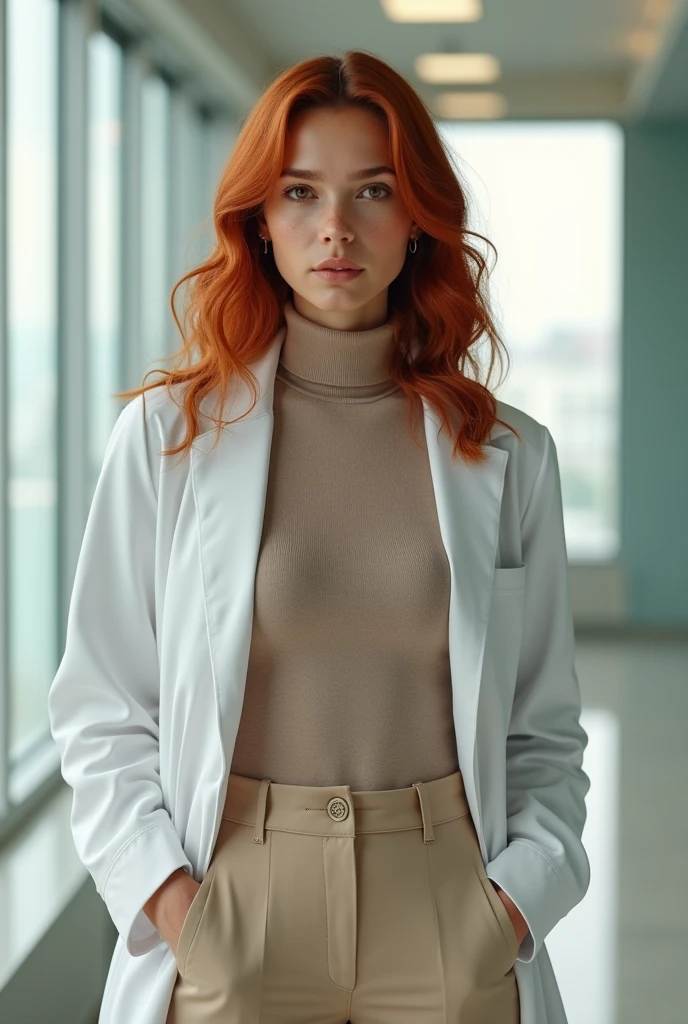 A young Brazilian woman psychologist, with shoulder-length wavy red hair, displaying a natural, well-groomed glow. His brown eyes reflect a serious and confident look., highlighting your professional expression, your pale skin with some freckles, Dressed in a neutral-toned turtleneck blouse and beige tailored pants, combined with a psychology lab coat conveying a professional and elegant image, The hospital office environment is bright and professional, The psychologist shows a serious and confident expression, conveying authority and professionalism, Your upright and confident posture reflects your role as a professional in the hospital environment., balancing elegance and seriousness with competence, with his hands inside his pants pockets.