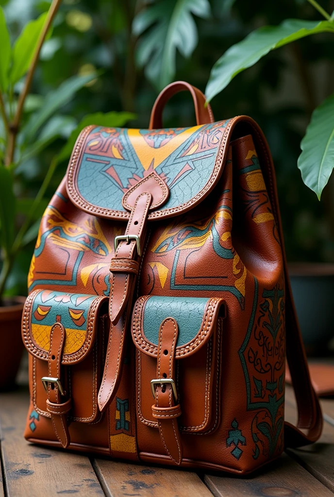generate a bag made of leather, where the design is inspired by the Amazon region of Peru