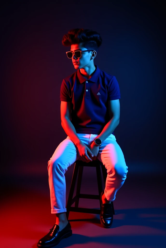 A tan boy with small muscles and black wave hair and navy blue polo t shirt, white long trousers, old watch, black loafers sitting on black stool and black background red and blue light on it the boy turning right side and wereing a sunglass