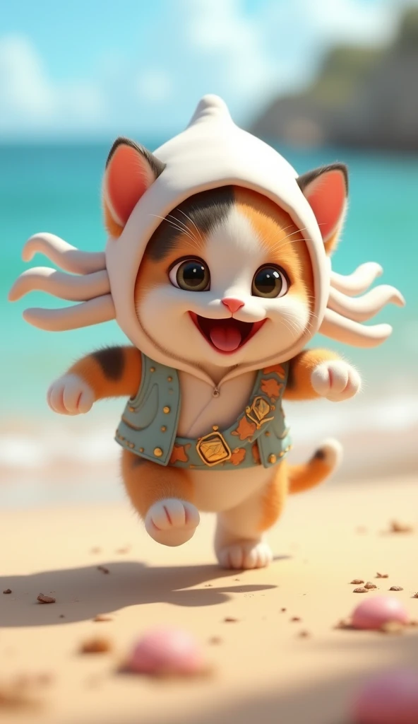 3D cute calico kitten character、Happy white squid costume、running、Coastal、masterpiece, Background Blur, Portraits, Waist belt decorated with squid