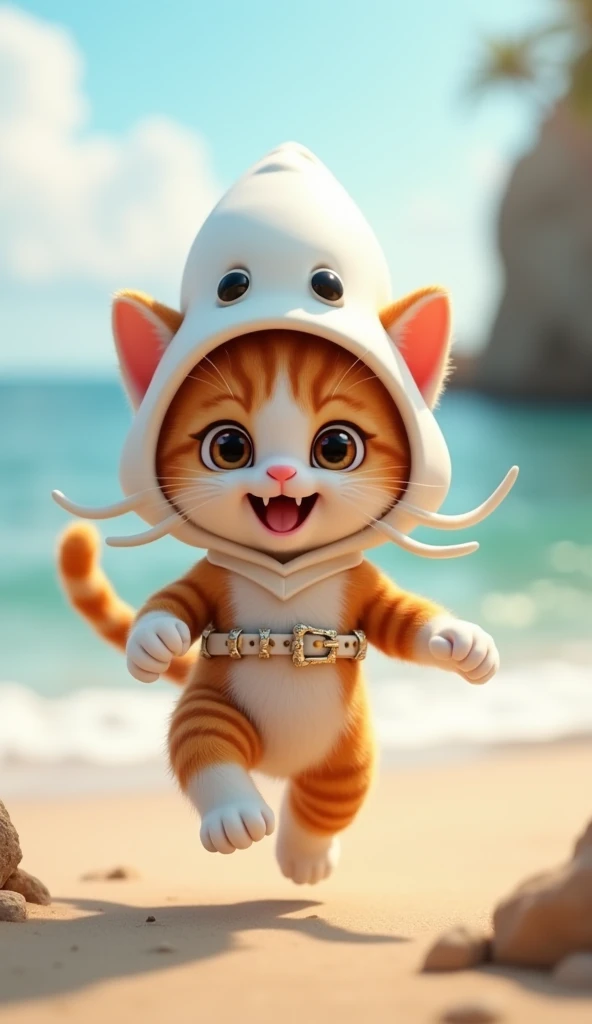 3D cute calico kitten character、Happy white squid costume、running、Coastal、masterpiece, Background Blur, Portraits, Waist belt decorated with squid