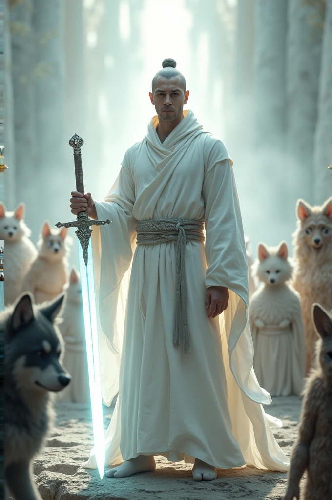 White monk warrior with sword made of light, anthropomorphic animals in background