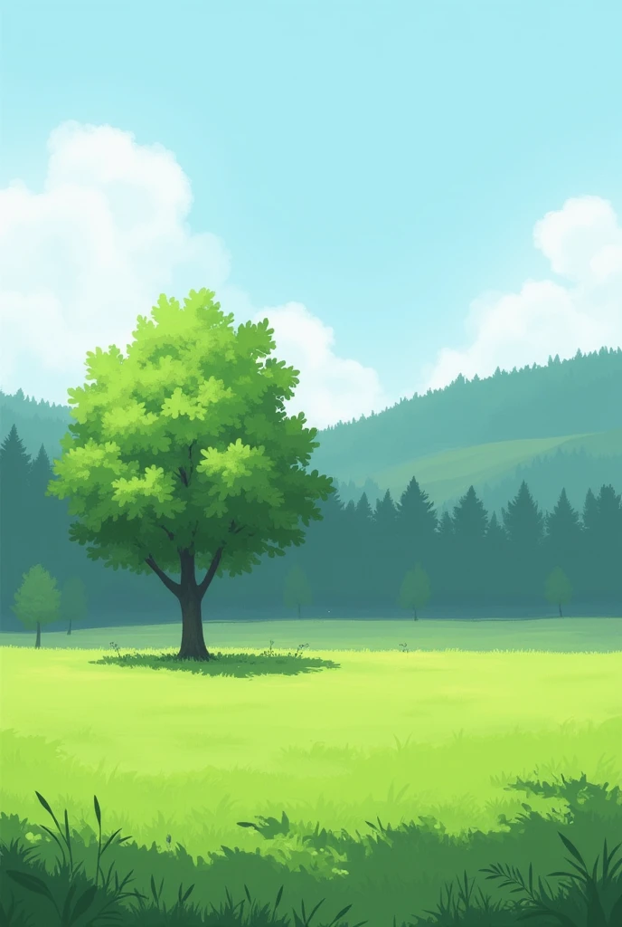 a flat green field with grass and only one shady tree on the left and a forest in the distance 