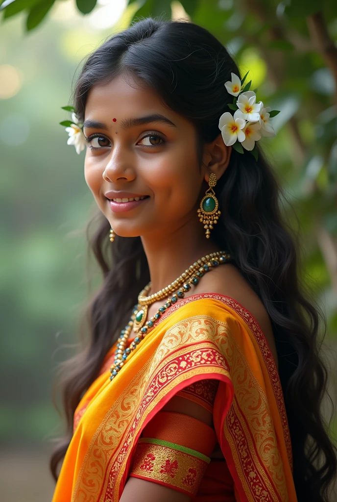 Kerala traditional teenager in traditional skirt and blouse with jasmine flowers on hair and moderate jewellery