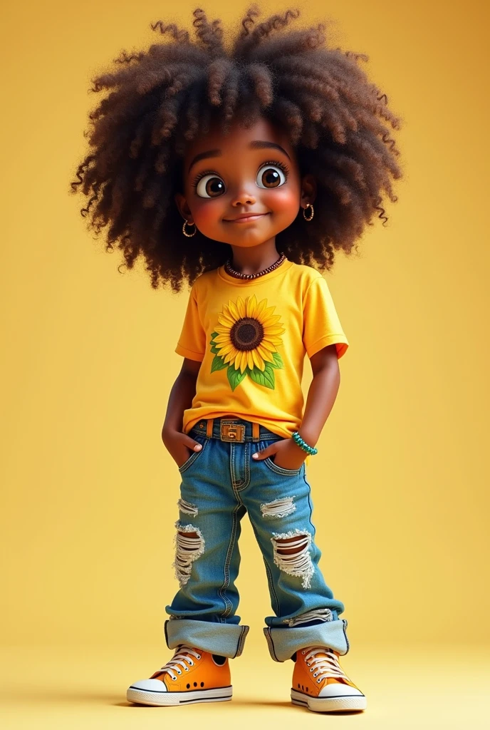  - Skin color: Light brunette - body hair: curly and voluminous, dark brown - badass clothing: Yellow t-shirt with a sunflower print and distressed jeans. Wears colorful sneakers and a beaded bracelet.

