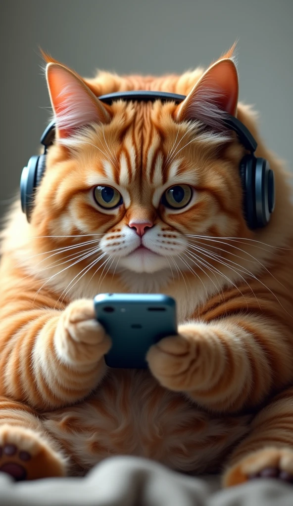 photorrealistic, 64k, giant cute fat [cat] listening music with headphone on his ears, and his hand hold a smartphone, focusing look at smarphone
