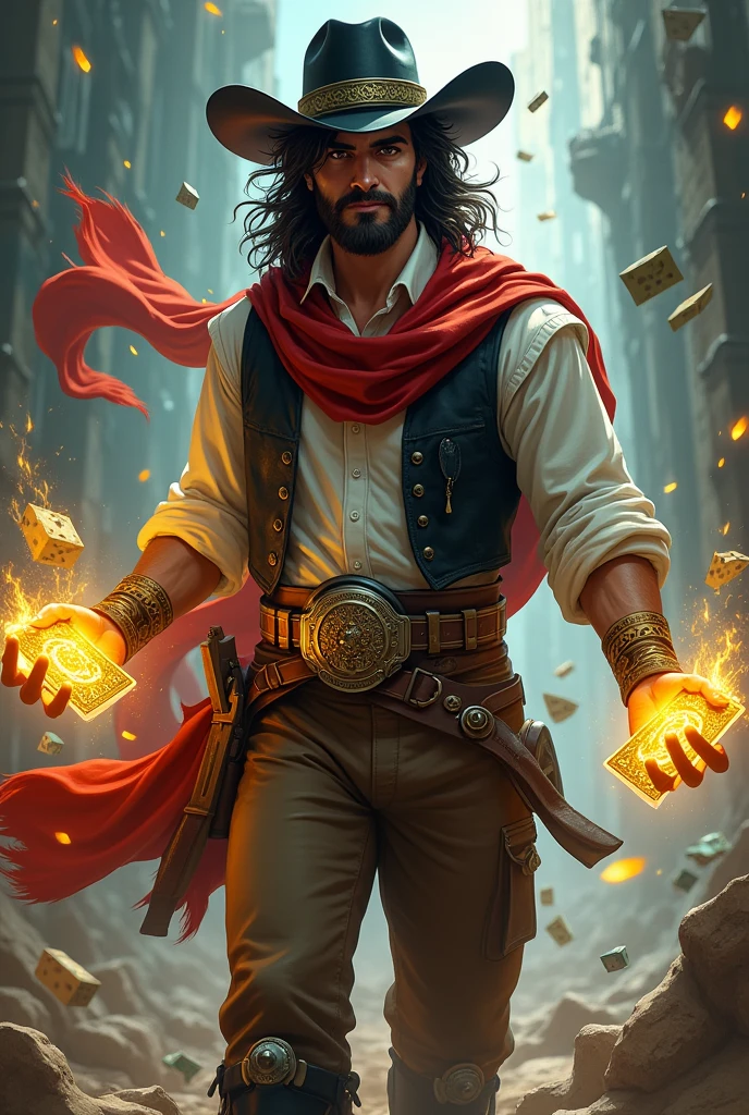 Hector stands at 1.75 meters, his presence commanding the scene with a rugged charisma honed by countless adventures. His long, dark hair, streaked with a bold line of white, frames a face marked by determination and youthful vigor. A well-groomed beard, peppered with hints of white, adds a touch of maturity without dimming his vitality. His deep brown eyes, sharp and reflective, burn with a quiet resolve that speaks of the trials he's faced.
In this dramatic and epic moment, Hector is enveloped in a dynamic, chaotic environment where the forces of luck, chance, and randomness swirl around him. His red scarf, adorned with intricate golden patterns, flows dramatically around his neck, complementing his white dress shirt and sleek black vest. The brown pants he wears are cinched by a belt adorned with a stone, and his silver-spurred boots clink softly as he moves with purpose. A black cowboy hat, accented with a yellow band, crowns his head, adding to his enigmatic aura.
In his hands, Hector holds two decks of cards—one glowing yellow, the other green—each pulsing with powerful magic. The air around him crackles with energy as dice, cards, and symbols of fortune fly in a whirlwind, blending Western and medieval elements. The atmosphere is charged with intensity, dark and moody colors contrasting with neon highlights. An ethereal light casts a shadow over Hector, emphasizing his power and the gravity of the moment.
Hector's expression is one of unwavering confidence and focus, capturing the instant when he unleashes his 'domain expansion,' a moment where his full power is revealed. The chaotic environment reflects the very essence of his abilities, where luck, fate, and skill intertwine. Deeply loyal to his allies and fiercely protective of his family, Hector stands as a beacon of hope and strength in this chaotic, fantasy RPG world.