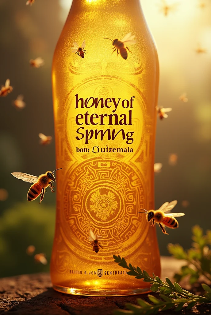 Another more premium option of a label with the design of floating bees or honeycomb panels, Mayan city tikal, Something representative of the Mayans in Guatemala, put it with letters "Honey of eternal spring" Origin "guatemala"