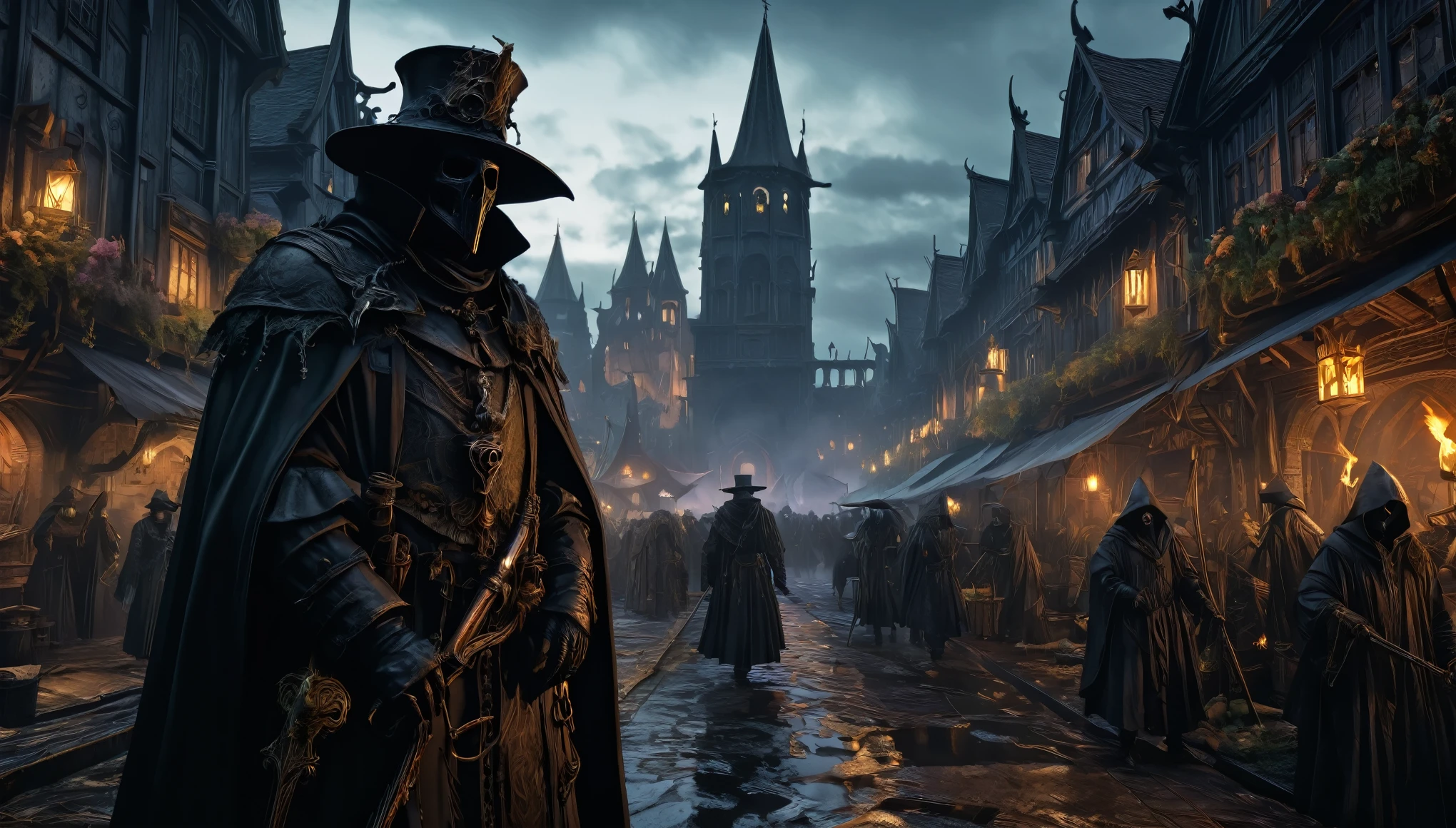 (anime, fantasy, black death), (detailed CG unity 8k wallpaper, masterpiece, best quality, ultra-detailed, HDR:1.2), vibrant colors, intricate, high FXAA, dark fantasy, black death medieval, plague doctor, plague, dark times, apocalypse, suffering