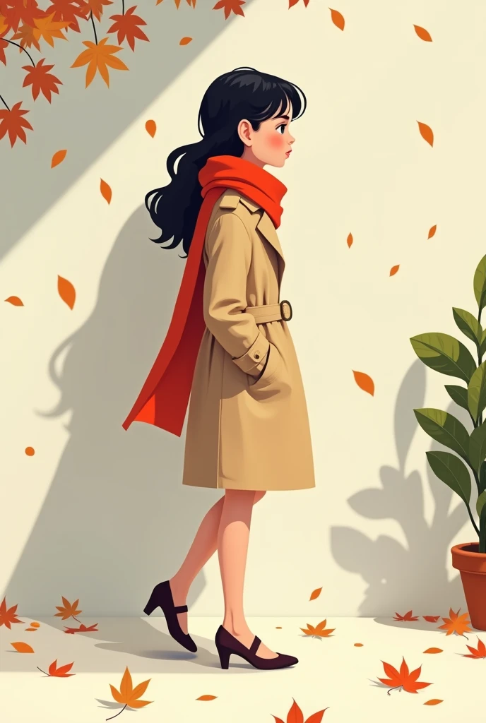 (((Vector illustration))),Flat coating,((Celluloid style)),(children illustration),side view,fallen leaves,girl,Beige trench coat,red scarf,High heel,Apartment background,((minimalist art)),8K,masterpiece,Rich details