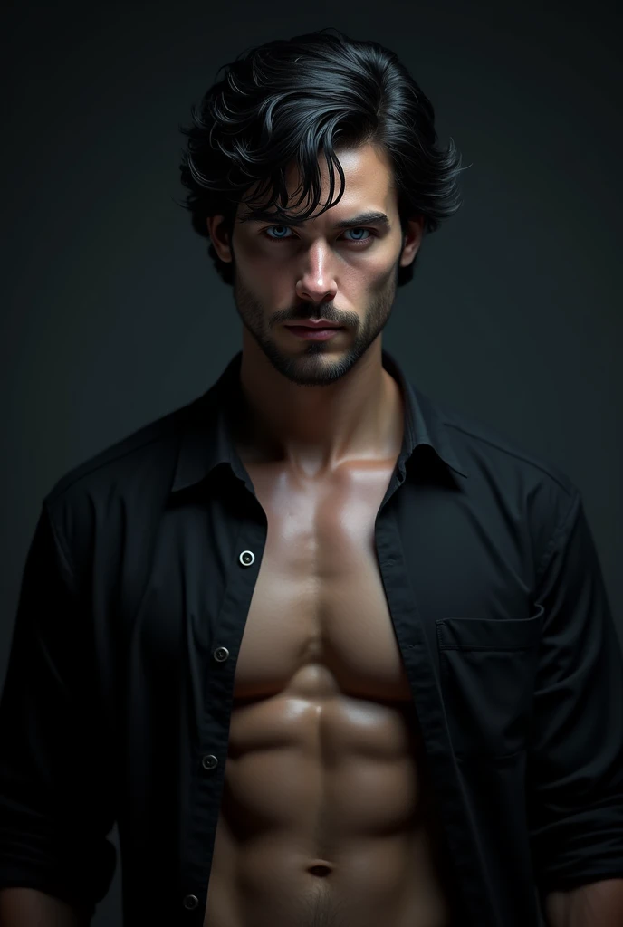A muscular young man with a dominant look, BIG BLUE eyes, black wavy hair, very very white skin with an open black shirt with a dark background
