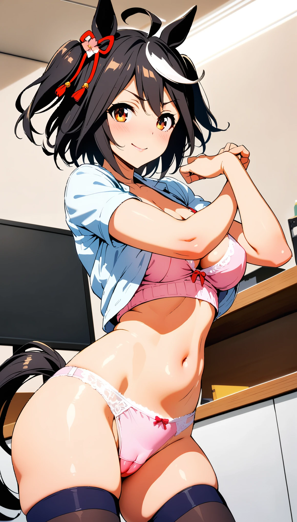 [[One person, Kitasan Black \(umamusume\), umamusume]], Beautiful attention to detail, Close one eye, ((indoor, office, living room),  Curvy, thin, Mid-chest, Normal chest, (Thigh-high socks), (Cleavage) , (Sexy pose), (Seductive pose), (Crop Top Belly Button), ((panties), (good), (In underwear), (Flashy underwear), (lingerie))), (Close-up shot), Slender body,Dynamic Angle, Highest quality, Very detailed, masterpiece, Ultra-high resolution, 8k, Nipples, ((Horse tail)), Camel Toe, smile, Small Ass, Black Hair