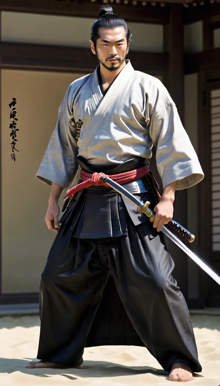 (masterpiece, Best Quality:1.2, ultra detailed:1.2, Upper part of the body:1.2), Masaki Segawa, , 1 chico, Alone, Focus only, Japanese samurai, Japanese Ronin, samurai clothing, ((He's wearing a sword at his waist, He carries a sword through his obi))