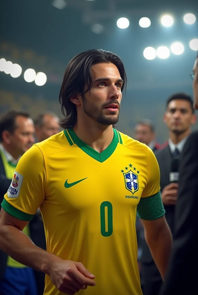 create a soccer player , medium black hair, Caucasian skin, With the shirt of the Brazilian National Team, captain's belt, giving a post-game interview