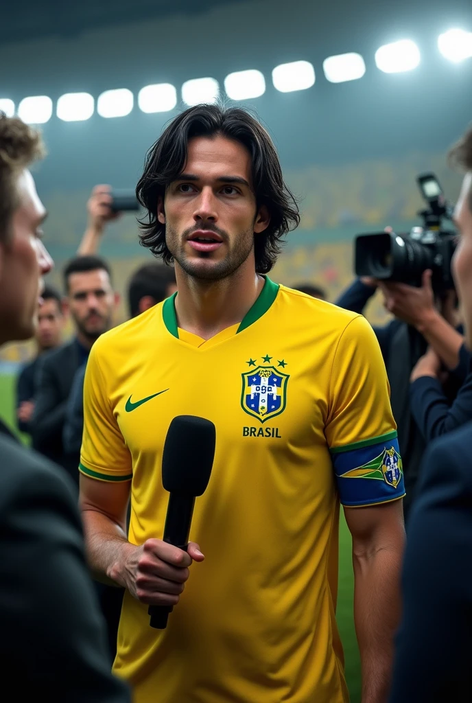 create a soccer player  , medium black hair, Caucasian skin, With the shirt of the Brazilian National Team, captain&#39;s belt, giving a post-game interview