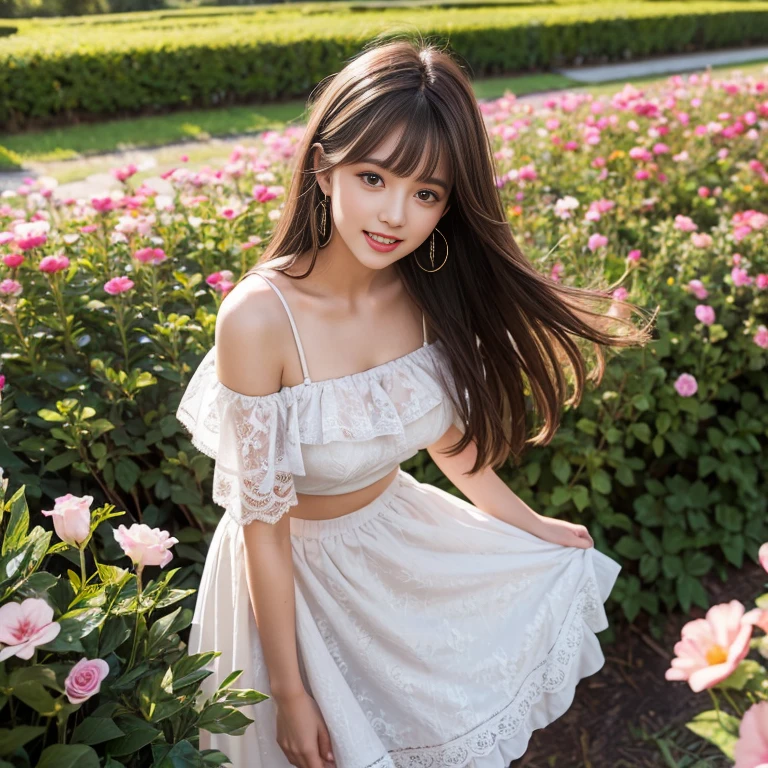 long skirt,in the flower field，Wear a dress，rotate，1 female, On the face, laughing out loud, light brown hair, blunt bangs, hair behind ears, Shoulder-length hair, long hair, Slender body type, 超face slimming型, face slimming, delicate lips, beautiful eyes, Thin blush, Eyes are light brown,View here, (actual:1.3), One person's perspective, 8k, Super detailed, high quality, best quality, High resolution, ，Large Breasts，wear a H cup, 2,Off-shoulder tops，Lace top，puffy skirt