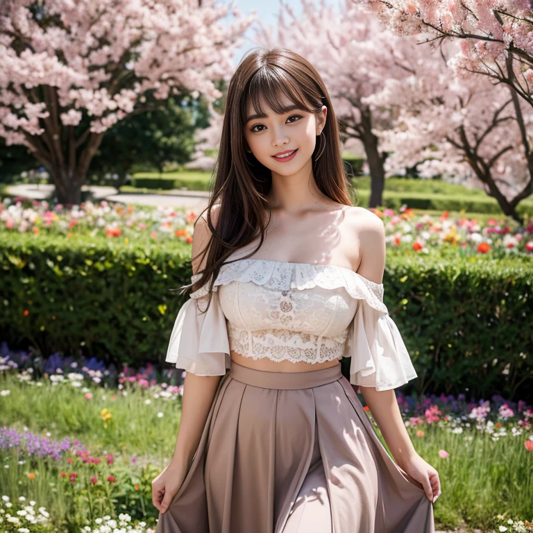 long skirt,in the flower field,Wear a dress,rotate,1 female, On the face, laughing out loud, light brown hair, blunt bangs, hair behind ears, Shoulder-length hair, long hair, Slender body type, 超face slimming型, face slimming, delicate lips, beautiful eyes, Thin blush, Eyes are light brown,View here, (actual:1.3), One person's perspective, 8k, Super detailed, high quality, best quality, High resolution, ,Large Breasts,wear a H cup, 2,Off-shoulder tops,Lace top,puffy skirt