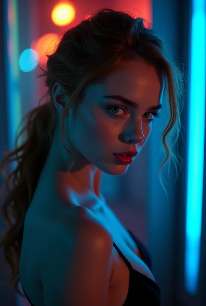 Sexy Margot Robbie as a redhead with a low ponytail, green eyes, teasing in bed, blue neon lights, sexy curves, erotic pose, sweety