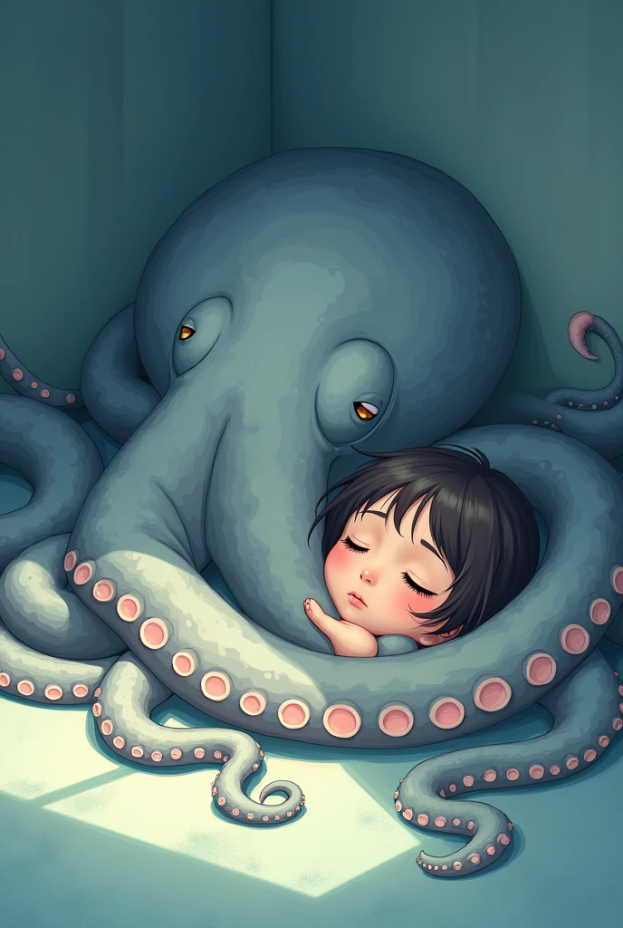 A girl on the floor sleeping and hugging a giant octopus, You can see the girl&#39;s face closer but she is hugging the octopus, The girl has tired eyes and anime style 