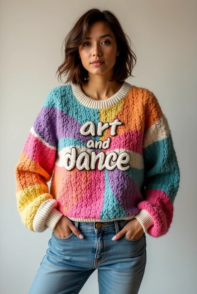 Catholic sweater that says art and dance with design and looks clean