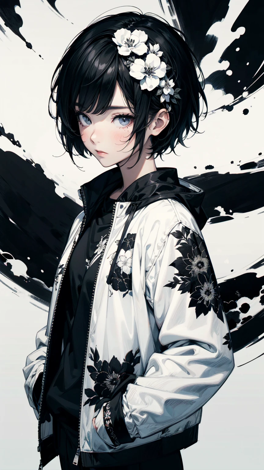 Top view, A woman with her hands in her pockets, Half-open eyes, Asymmetrical Short Hair, White jacket with black floral embroidery, Black attire, abstract design, A mixed black and white background, Anime Style, Digital Painting, (masterpiece, High resolution, Highest quality)