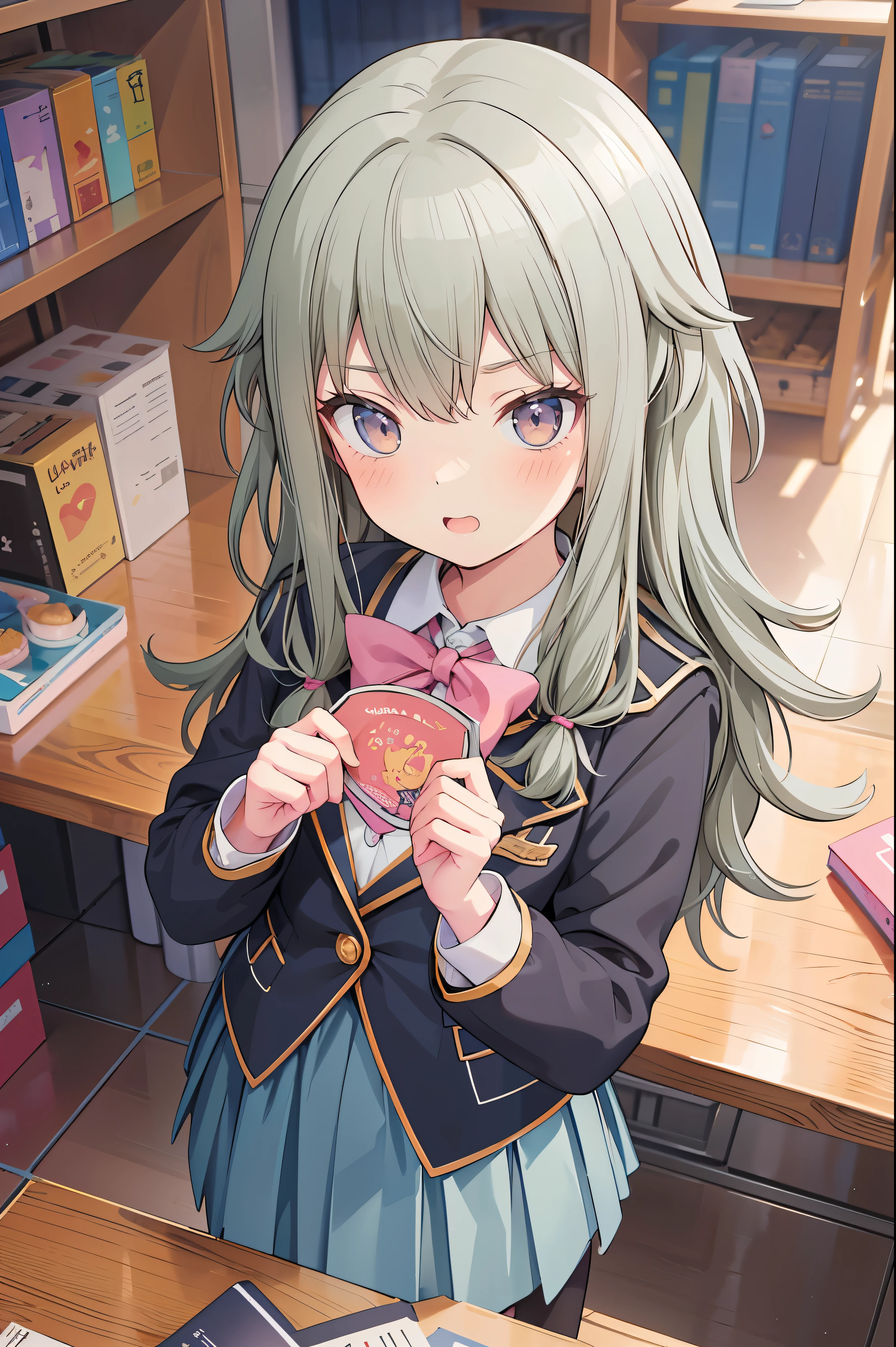(8k, 最high quality)、Ultra-high resolution、adorable、最high quality, beautiful, (((Absurd beauty)))、school uniform、blazer、high quality、Shiny Hair、Very fine and beautiful bright eyes、Medium chest、nose blush、Very detailed, clear and beautiful face, Awards, (Anatomically correct), ((from above))、breast enhancement