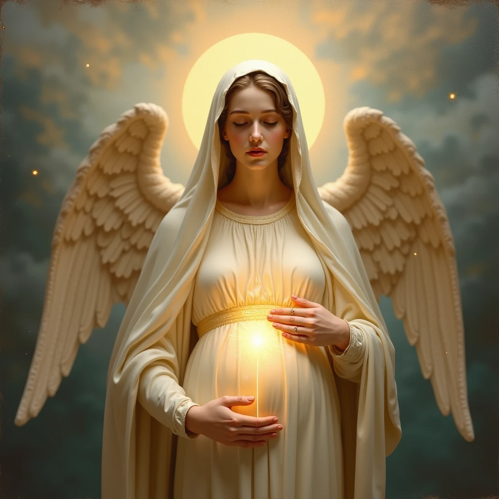 Pregnant Virgin Mary being conceived by the holy spirit and an angel
