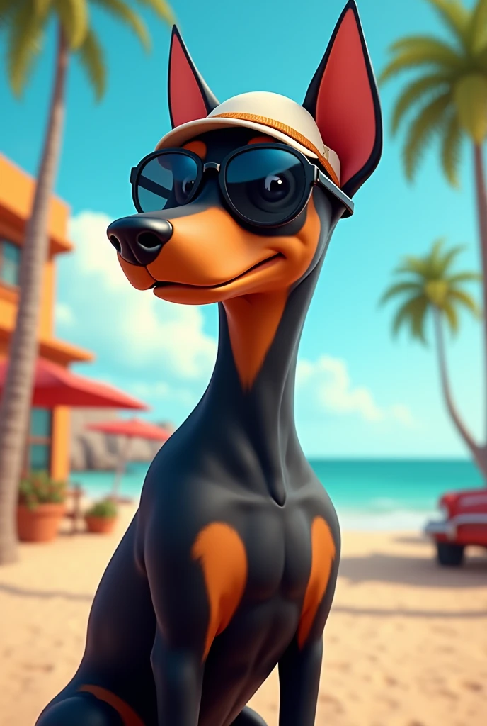 Create a cartoon of a female doberman dog wearing a visor and sunglasses
