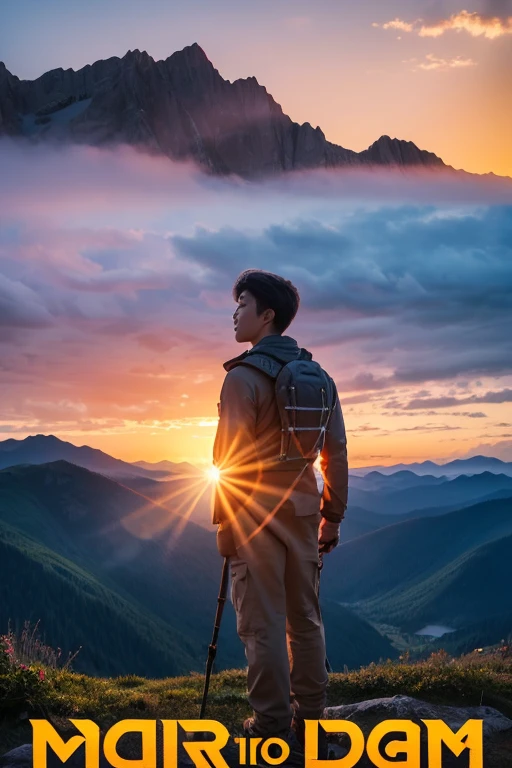 Mountain sunrise，The morning glow is brilliant and gorgeous，There is a man standing on the top of a mountain，The theme poster says &quot;dare to think and dare to act&quot;，Sailing for the Dream