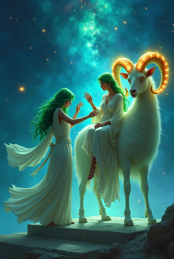 Two ethereal, green-haired women wearing flowing ancient Greek-style robes, with one woman seated on a mystical, large ram with glowing, ornate horns adorned with jewels. The other woman is standing on a stone platform, reaching out to her seated companion. The scene is set against a cosmic backdrop filled with swirling galaxies, vibrant stars, and a deep blue night sky. The overall atmosphere is mystical and otherworldly, with a sense of camaraderie and adventure between the characters. Emphasize the vibrant colors, particularly the blue and green tones, and the magical glow surrounding the figures and the ram.