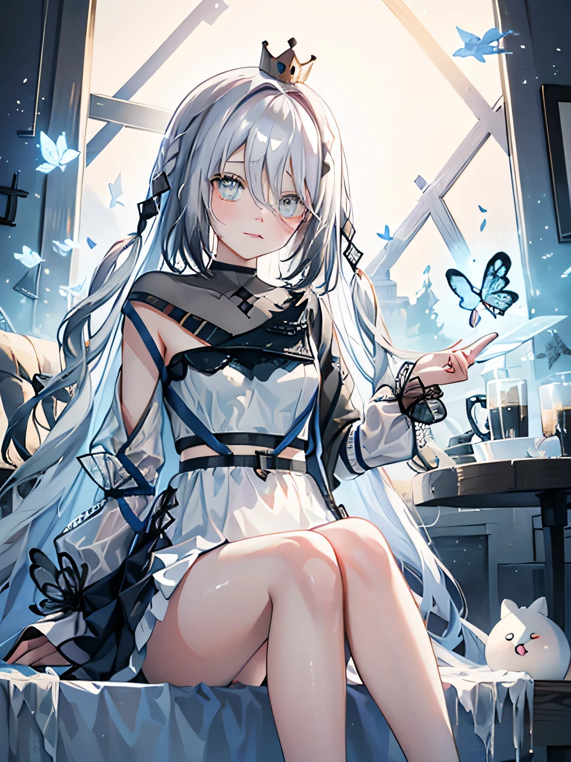 A girl wearing a princess dress and a crown of ice, the ice is so cold that it is surrounded by ice mist, the ice crystals on the crown reflect the light, moody light, the crown is surrounded by butterflies made of stardust that sit on the crown, the background is made of ice, cuteness overload,