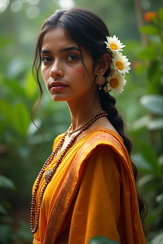 Kerala traditional teenager in traditional daavan with jasmine flowers on hair and moderate jewellery