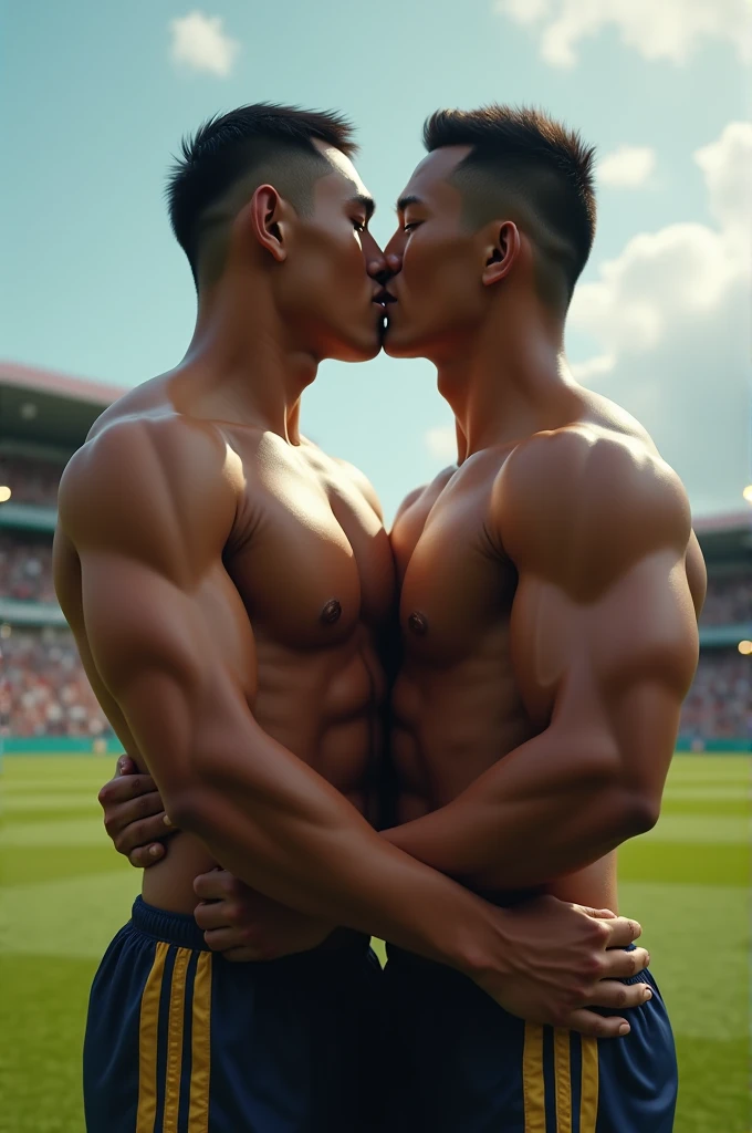 Asian young rugby player A and Asian rugby player B。A has a buzz cut and dark skin、muscular。Wearing sleeveless rugby uniforms。B has short hair and is a muscular jock。A and B kissed after a rugby match.、Touching each other&#39;s crotches first person view, 