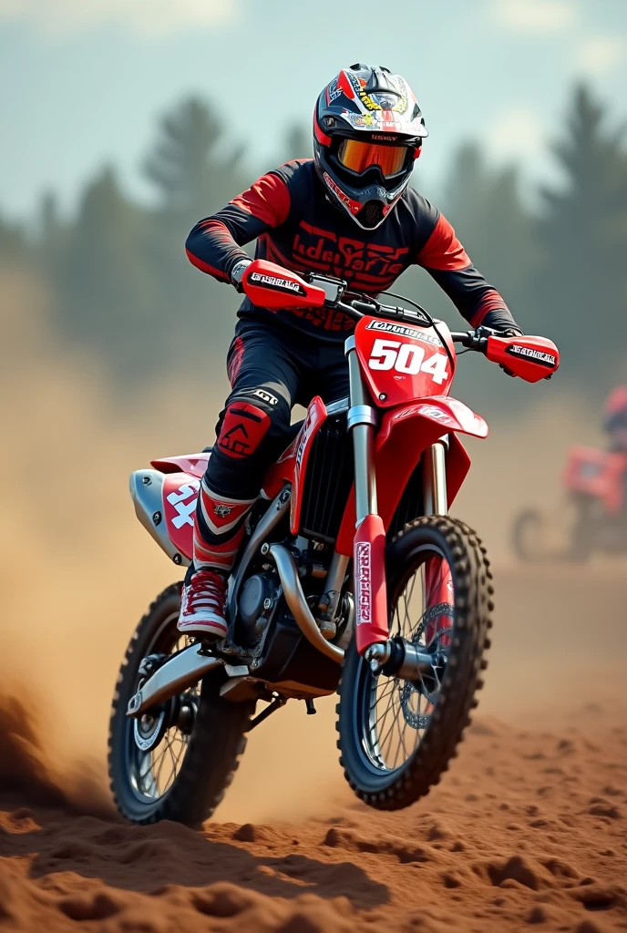 Make me a Honda Crf 250 motorcycle, on an enduro or motocross track, and that on the mask it says "PINEDA". And in the number say "+504HN"