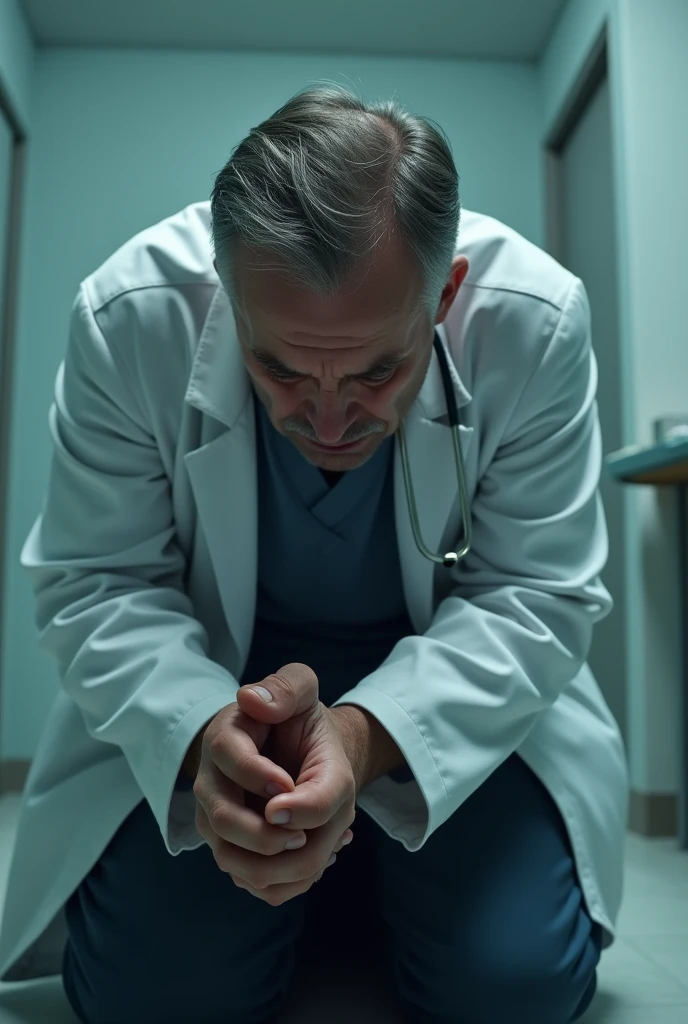 A doctor is on his knees crying

