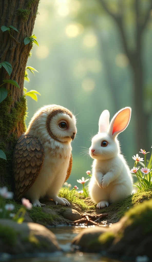 draw a picture of a white rabbit talking to an old owl in the middle of the forest