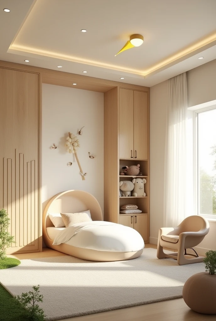 Professional 3d architecture rendering design of modern and light moss and so light Thunder and light cream and wooden Modern and minimal design for chid bedroom and light cream carpet with animals painting and white painting wall and light wooden closet with animals painting and modern ceiling lighting and modern curtains for chid room and the child large bed similar globe and safety chair for chid